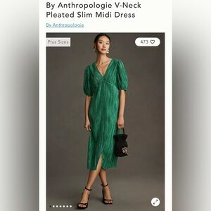 Anthropologie Green Pleated V-Neck Midi Dress Puff Sleeve Size M